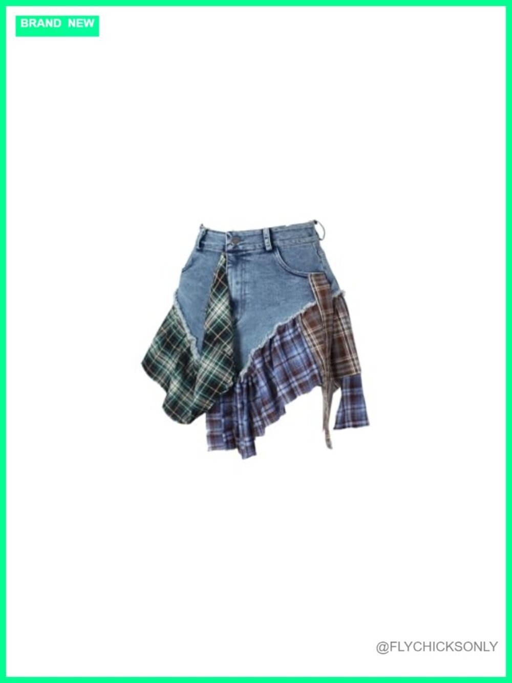 Irregular Plaid Patchwork Denim Short Skirt High Rise Mini